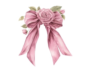Clipart de acuarela de lazo de cinta rosa coqueta: Diseño floral para boda (Descarga digital)
