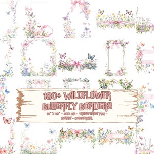 180+ Molduras de borboletas silvestres Molduras de convite em aquarela PNG Clipart Bundle Pink Coquette Bow Streamers Art Download digital instantâneo