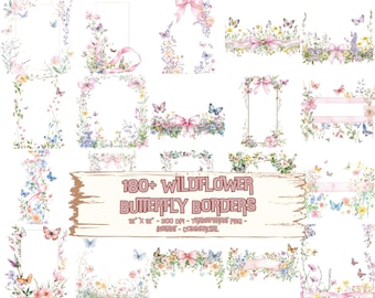 Wildflower Butterfly Watercolor Frames: Invitation Clipart Bundle (Digital Download)