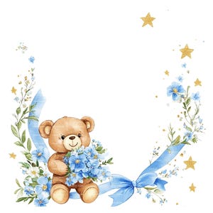 Baby Boy Einladung Teddybär Clipart Bordüre Baby Shower Geburtstag Aquarell Rahmen PNG Blau Digital Download Karte Junk Journal