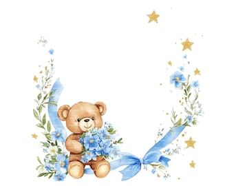 Borde de clipart de osito de peluche: Marco de acuarela de bebé niño (descarga digital PNG)