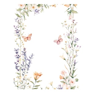 Op de afbeelding: Een aquarel-illustratie van een bloemige rand met delicate roze en witte bloemen, groene bladeren en twee vlinders. De vlinders zijn lichtroze met donkerdere roze accenten.