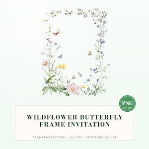 Watercolor Wildflower Butterfly Frame Clipart: Invitation Border (Digital Download)