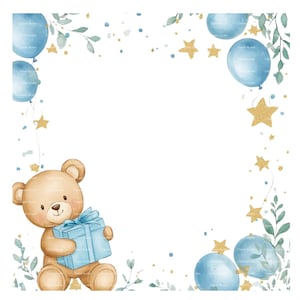 Baby Boy Invitation Teddy Bear Clipart Border Baby Shower Birthday Watercolor Balloon Frame PNG Blue Digital Download Card Junk Journal