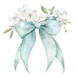 Coquette ruban noeud PNG aquarelle fleur de naissance bleu Clipart impression florale colorée Téléchargement numérique instantané Junk Journal
