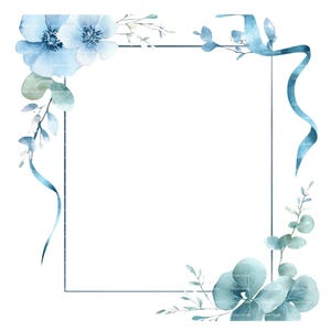 Bordure de fleurs de ruban d'invitation de bébé garçon Baby Shower d'anniversaire cadre aquarelle PNG bleu carte à téléchargement numérique Journal indésirable