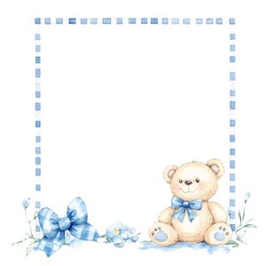 Uitnodiging babyjongen teddybeer boog clipart grens babyshower verjaardag aquarel frame PNG blauwe digitale download kaart ongewenste dagboek