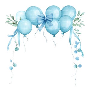 Baby Boy Invitation Balloon Frame Clipart Border Greenery Baby Shower Birthday Watercolor Frame PNG Blue Digital Download Card Junk Journal