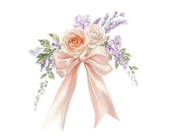 Clipart floral de acuarela: Lazo de cinta rosa coqueta (Descarga digital)