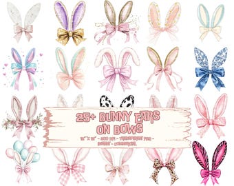 Watercolor Easter Bunny Ears Clipart: Pink & Gold Bows (Digital Download)