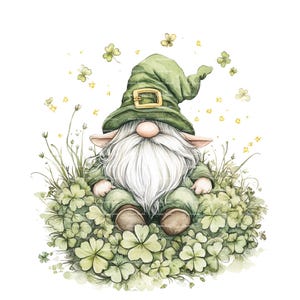 St Patricks Day Gnome Watercolor Clipart PNG Cute Green Clover St Pattys Day Instant Digital Download Gift Junk Journal Stickers