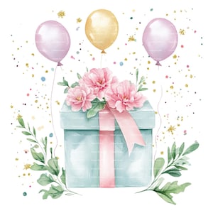 Clipart de regalo de cumpleaños, globo, clavel, mes de nacimiento de enero, flor rosa, PNG para invitación, tarjeta de agradecimiento, descarga digital, diario basura
