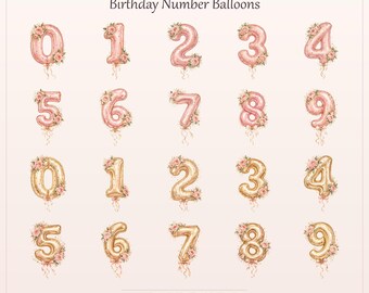 Pink Gold Foil Birthday Number Balloons Clipart (0-9) (Digital Download)