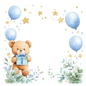 Baby Boy Invitation Teddy Bear Clipart Border Baby Shower Birthday Watercolor Balloon Gift Frame PNG Blue Digital Download Card Junk Journal