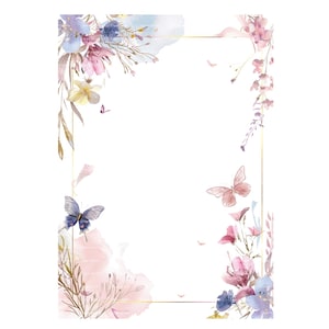 May include: Watercolor floral design with a gold border. The artwork features pink, blue, and purple flowers, butterflies, and delicate foliage. The design is set against a white background, creating a soft and elegant aesthetic.
