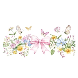 Könnte beinhalten: Eine Aquarell-Illustration eines rosa Schleifchens mit einem floralen Rand. Die Blumen sind in den Farben Rosa, Gelb, Blau und Grün gehalten. Es gibt Schmetterlinge in der Illustration.