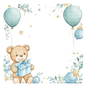 Invitation bébé garçon ours en peluche bordure Clipart Baby Shower anniversaire aquarelle ballon cadeau cadre PNG bleu carte de téléchargement numérique Junk Journal