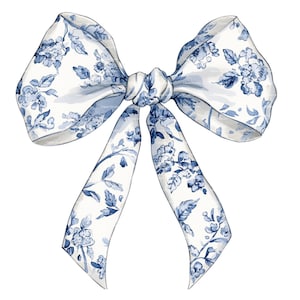 Chinoiserie kokette Schleife PNG Aquarell Clipart Blau und weiß Blumendruck Sofortiger digitaler Download Junk Journal