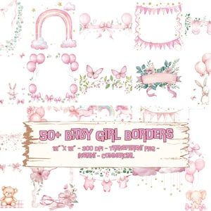 Plus de 50 images d'invitation pour bébé fille, bordure rose pour la douche, anniversaire, cadre PNG aquarelle, téléchargement numérique instantané, cadeau, journal indésirable