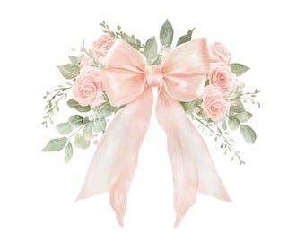 Clipart de acuarela de lazo de cinta rosa coqueta: Diseño floral para boda (Descarga digital)