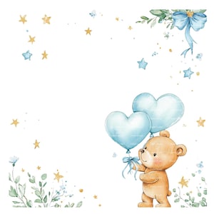 Baby Boy Invitation Teddy Bear Clipart Border Baby Shower Birthday Watercolor Balloon Frame PNG Blue Digital Download Card Junk Journal
