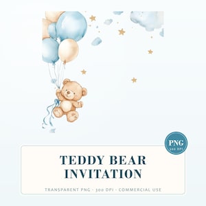 Teddy Bear Clipart: Watercolor Baby Boy Invitation Border (PNG Digital Download)