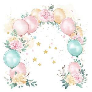 Arco de cumpleaños Mes de nacimiento Clipart Clavel Globo Enero Flor de nacimiento para invitación Tarjeta de agradecimiento Descarga digital Diario basura