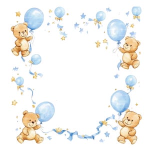 Baby Boy Invitation Teddy Bear Clipart Border Baby Shower Birthday Watercolor Balloon Frame PNG Blue Digital Download Card Junk Journal