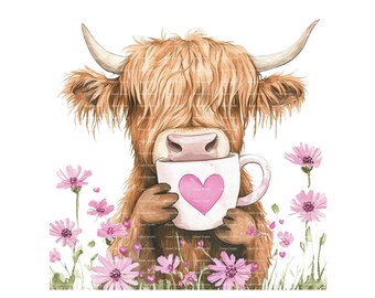Highland Cow Valentine Clipart: Watercolor Flowers, Mug (PNG Digital Download)