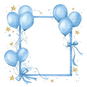 Baby Boy Einladung Ballon Rahmen Clipart Border Baby Shower Geburtstag Aquarell Rahmen PNG Blau Digital Download Karte Junk Journal