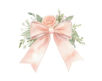 Watercolor Coquette Ribbon Bow Clipart: Floral Wedding PNG (Digital Download)
