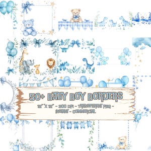 50 + Baby Boy Einladung Clipart Rahmen Blau Dusche Geburtstag Rahmen Aquarell PNG Bundle Sofortiger digitaler Download, Geschenk, Junk Journal
