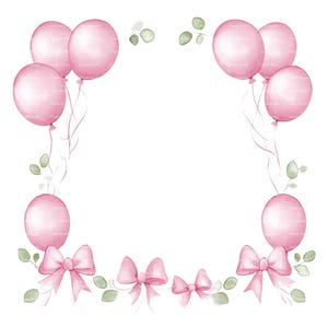 Invitation bébé fille noeud rose ballon Clipart verdure Baby Shower anniversaire cadre aquarelle PNG carte en téléchargement numérique Journal indésirable