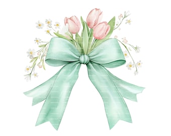 Sage Green Coquette Ribbon Bow: Watercolor Floral Clipart (Digital Download)