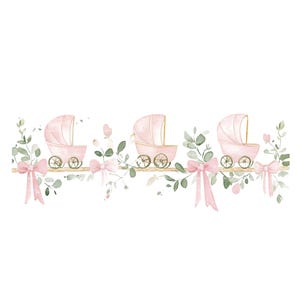 Invito per bambina Passeggino Clipart Bordo verde Baby Shower Compleanno Acquerello Cornice PNG Rosa Download digitale Carta Giornale spazzatura