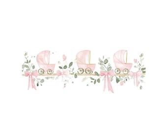 Baby Girl Stroller Clipart: Watercolor Greenery Border (PNG Digital Download)