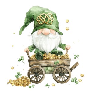 St Patricks Day Gnome Watercolor Clipart PNG Cute Green Clover St Pattys Day Instant Digital Download Gift Junk Journal Stickers