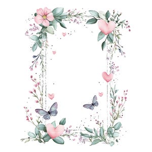 Fleurs sauvages papillon coeur cadre Clipart bordure PNG pour carte d'invitation Merci aquarelle imprimable téléchargement numérique Junk Journal