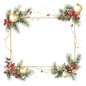 Clipart di bordo natalizio, cornice invernale, ornamento di pigna, invito, biglietto di ringraziamento, stampabile, clipart di acquerello, download digitale, diario spazzatura