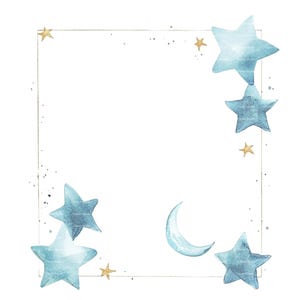 Baby Boy Einladung Sterne und Mond Rahmen Clipart Border Baby Shower Geburtstag Aquarell Rahmen PNG Blau Digital Download Karte Junk Journal