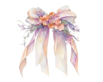 Watercolor Floral Ribbon Bow Clipart: Coquette PNG (Digital Download)