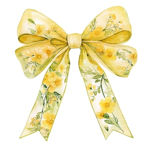 Coquette Ribbon Bow PNG Watercolor Flower Clipart Colorful Yellow Chinoiserie Floral Print Instant Digital Download Junk Journal