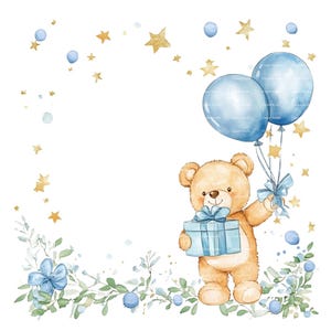 Baby Boy Einladung Teddybär Clipart Bordüre Baby Shower Geburtstag Aquarell Ballon Rahmen PNG Blau Digital Download Karte Junk Journal