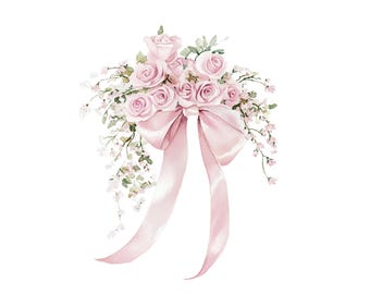 Clipart floral de acuarela con lazo de cinta rosa (descarga digital)