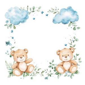 Invitation bébé garçon ours en peluche noeud Clipart frontière Baby Shower anniversaire aquarelle cadre PNG bleu téléchargement numérique carte Junk Journal