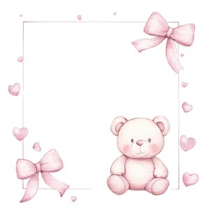 Bordure de clipart ours en peluche rose Invitation bébé fille Shower de bébé anniversaire cadre aquarelle PNG en téléchargement numérique carte Journal indésirable