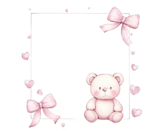 Teddy Bear Baby Girl Shower Frame PNG JPEG Clipart Watercolor Frame ...