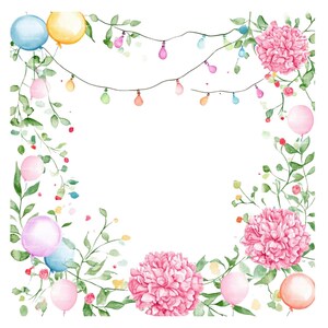 Clipart de borde de cumpleaños Globo Clavel Mes de nacimiento Flor Enero PNG para invitación Tarjeta de agradecimiento Descarga digital instantánea Diario basura