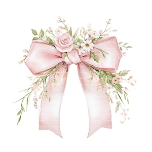Lazo de cinta de coqueta rosa PNG Acuarela Flor de boda Clipart Estampado floral colorido Descarga digital instantánea Diario basura