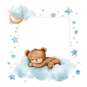 Baby Boy Einladung Teddy Bär Clipart Border Mond Sterne Baby Shower Geburtstag Aquarell Rahmen PNG Blau Digital Download Karte Junk Journal